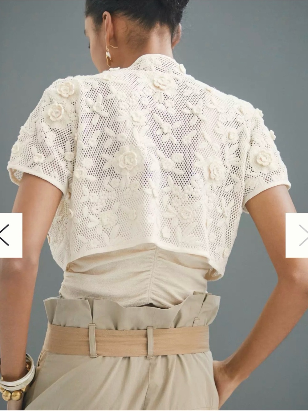 Maeve Anthropologie cream color crochet floral rosette cardigan shrug one size - Picture 2 of 11